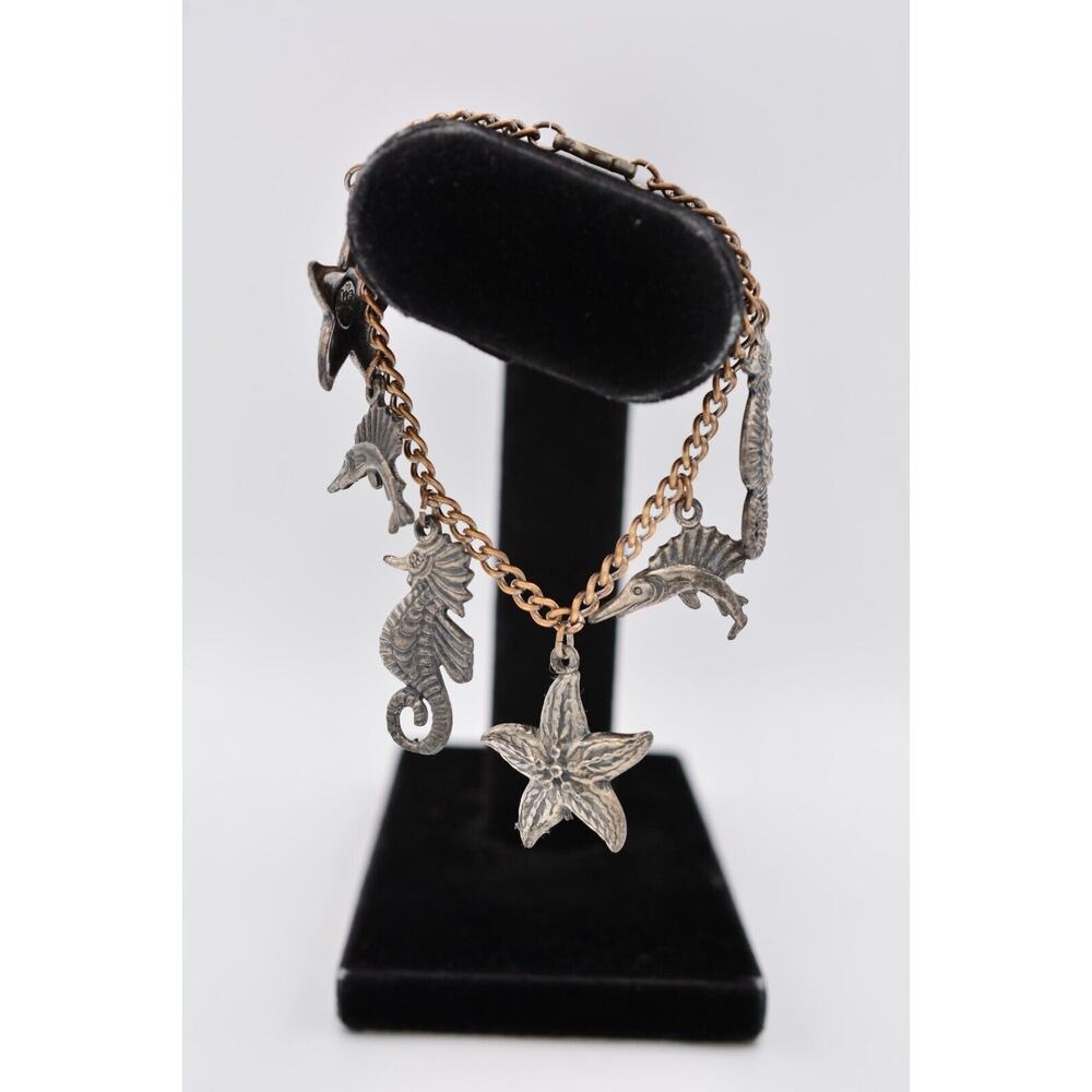 Sancrest Vintage Charm Bracelet Ocean Seahorse Starfish Dangle Signed 1970s Bin8